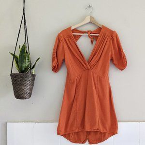 Free People Orange V-neck Open Back Tie Mini Dress